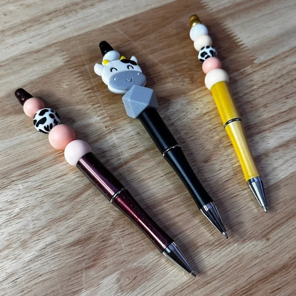 Set of 3 Cow Theme Beaded Ballpoint Pens Farm Animal Silicone Bead Pens